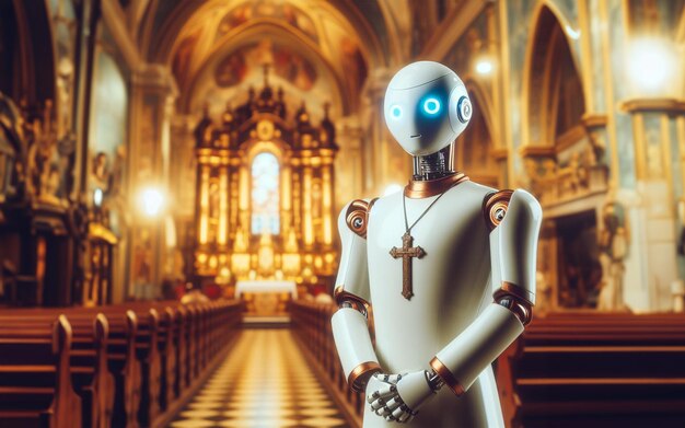 Robot wearing a cross stands reverently in a grand church with a glowing altar behind.