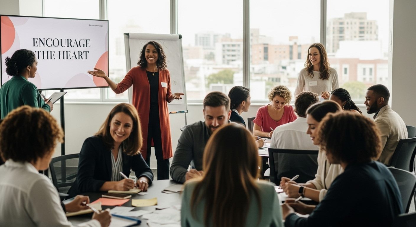 Workshop leader presenting Encourage the Heart to a team in a conference room.