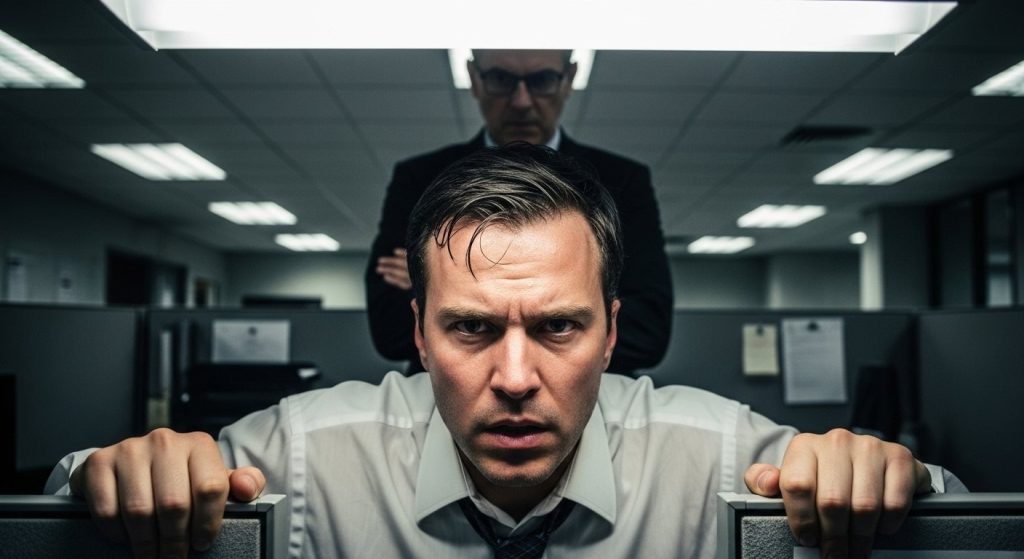 Stressed employee under pressure from intimidating boss.