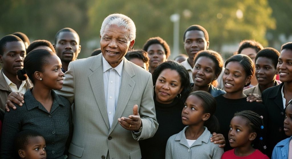 Elderly man smiling and talking with a group of people outdoors.